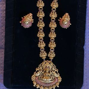 Long Lakshmi stone studded necklace & earring set
